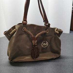 Michael Kors Canvas Leather Trim Tassel Drawstring Shoulder Tote Handbag